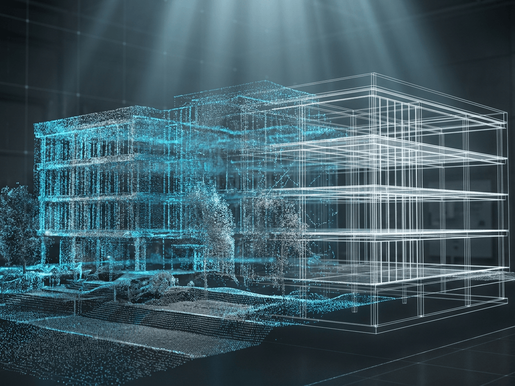 What is Scan to BIM – illustration of a 3D laser scan to BIM model, Cyprus