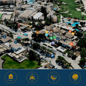 Aphrodite Hills Village Square amenities and points of interest in the 3D digital map