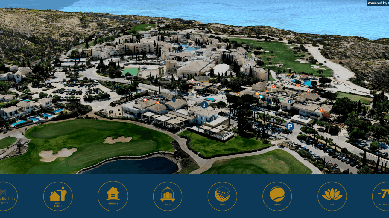 Aerial 3D view of Aphrodite Hills golf resort and the Paphos coastline – interactive digital twin by P.A.L. Land Surveying & GIS