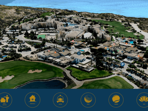 Aerial 3D view of Aphrodite Hills golf resort and the Paphos coastline – interactive digital twin by P.A.L. Land Surveying & GIS