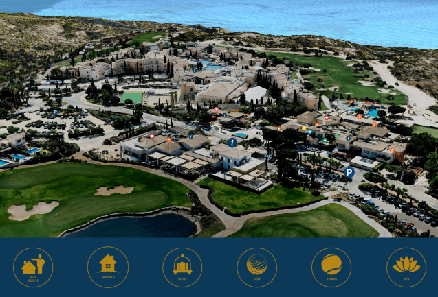 Aerial 3D view of Aphrodite Hills golf resort and the Paphos coastline – interactive digital twin by P.A.L. Land Surveying & GIS